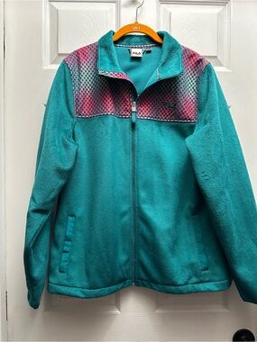 FILA Teal Fleece Jacket with Pink Patterned Yoke